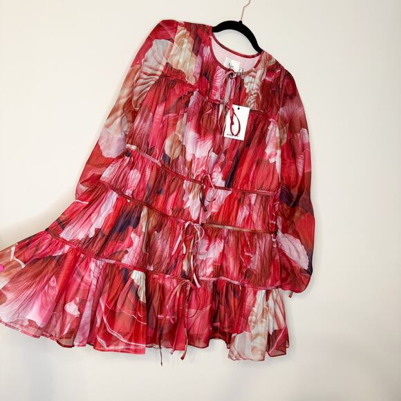 Aje Floral Prismatic Red Pink Long Sleeve Statement Sleeve Mini Dress US 2/AUS 6 - Picture 6 of 10